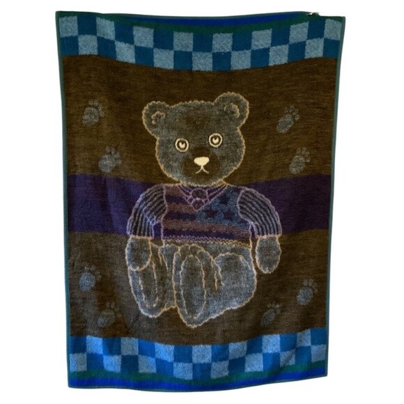 Vintage Biederlack Patriotic Teddy Bear Blanket 74x54 Blue Brown Acrylic Plush - Picture 3 of 5